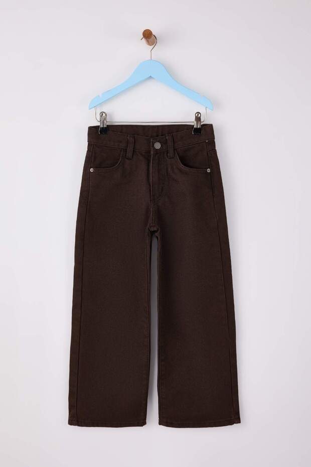 Kahverengi 100% Pamuk Ayarlanabilir Lastikli Düz Kız Çocuk Flare Denim Jeans TKDAW26JE00006 - 6