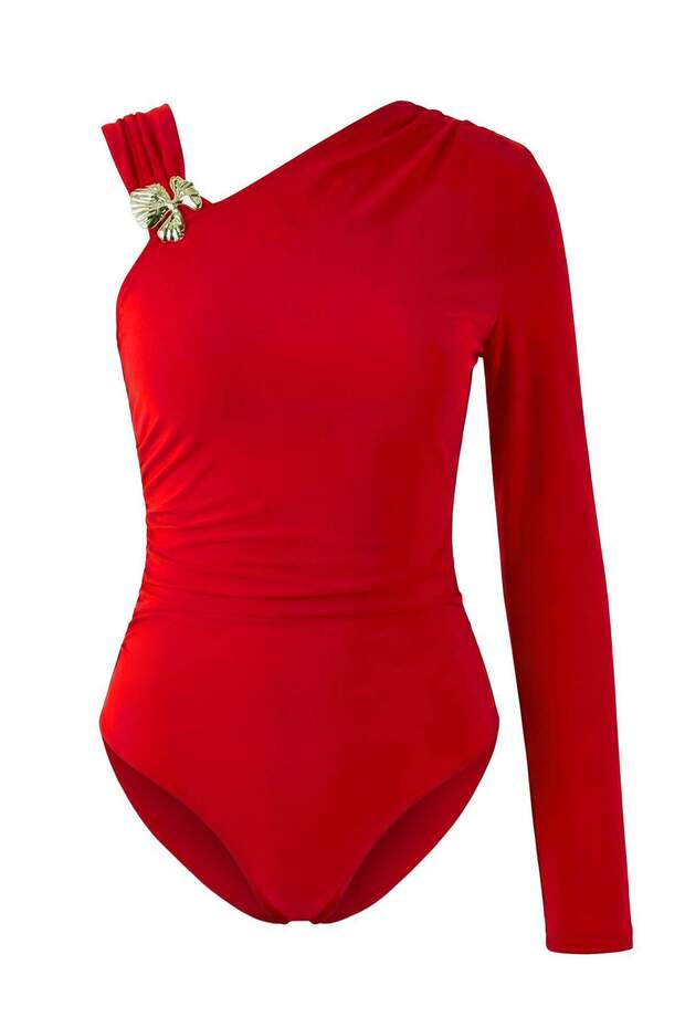 Limited Edition Kırmızı Aksesuar Detaylı Asimetrik Yaka Örme Party Body TPRSS26BD00001 - 4