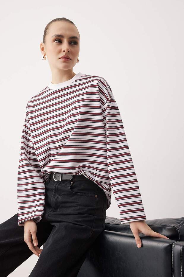 Çok Renkli Çizgili Oversize/Geniş Kesim Bisiklet Yaka İnce Örme Sweatshirt TWOAW23SW00326 - 1