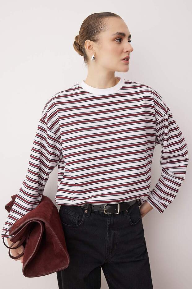 Çok Renkli Çizgili Oversize/Geniş Kesim Bisiklet Yaka İnce Örme Sweatshirt TWOAW23SW00326 - 4