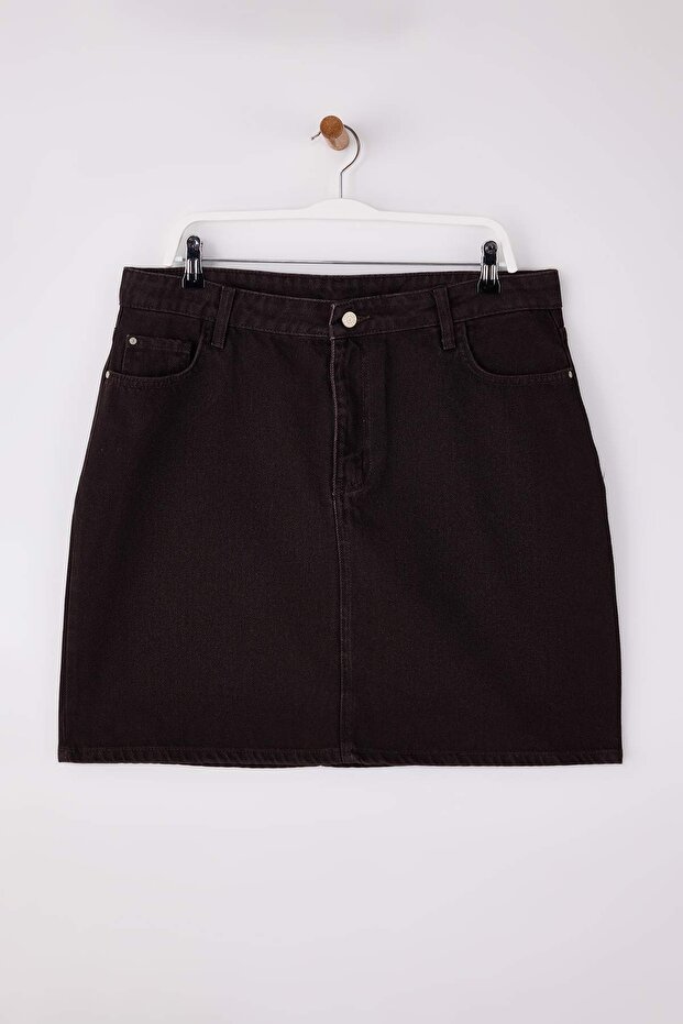 Kahverengi Yüksek Bel %100 Non-Stretch Pamuk A Shape Denim Etek TBBAW23AZ00042 - 3