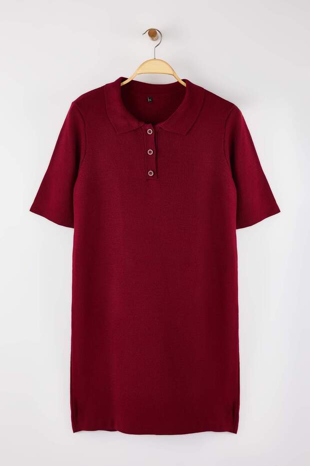 Bordo Polo Yaka Düğmeli Kısa / Mini Triko Elbise TBBSS26AH00001 - 5