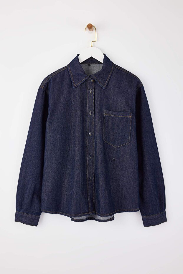 Limited Edition Koyu Mavi Düğme Detaylı 100% Pamuk Denim Gömlek TWOSS26GO00007 - 6