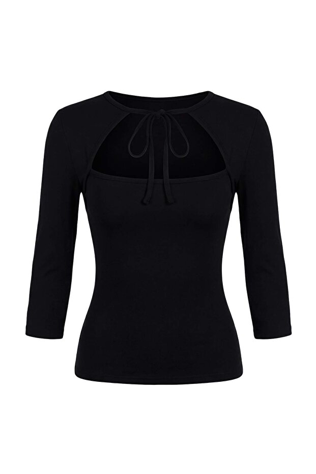Siyah Düz Fitted Bisiklet Yaka Standart Kol Truvakar Kol Premium Yumuşak Örme Bluz TWOSS26BZ00083 - 5
