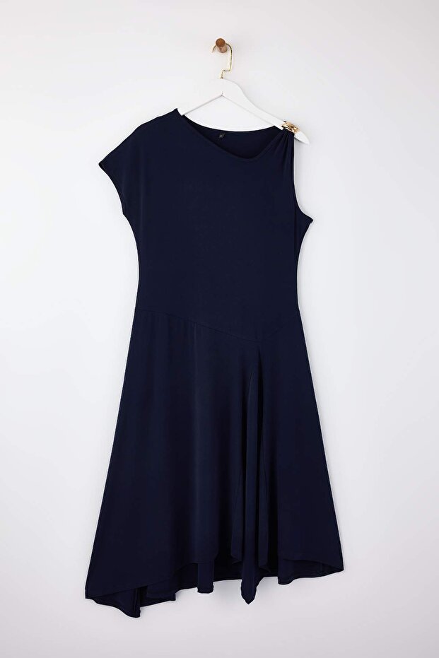 Navy Blue Asymmetric Collar Accessory Detail Knitted Plus Size Dress Tbbss26Ah00083 - 1