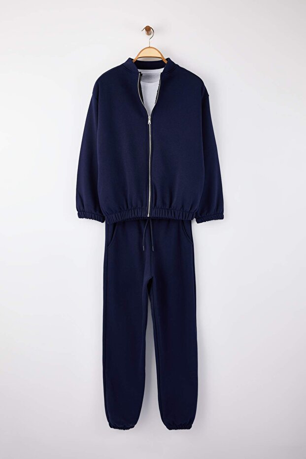 Navy Blue 3-Piece Cotton T-Shirt Sweatpants and Mock Neck Zippered Sweat Sweatpants Set Twoaw26Em00018 - 6