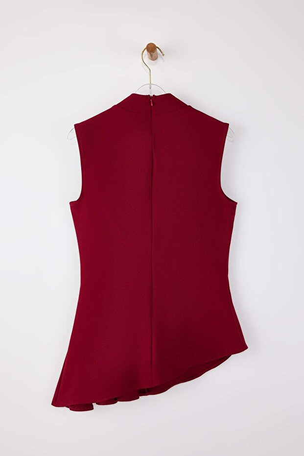 Bordo Asimetrik Godeli Dik Yaka Dokuma Bluz TWOSS26BZ00085 - 10