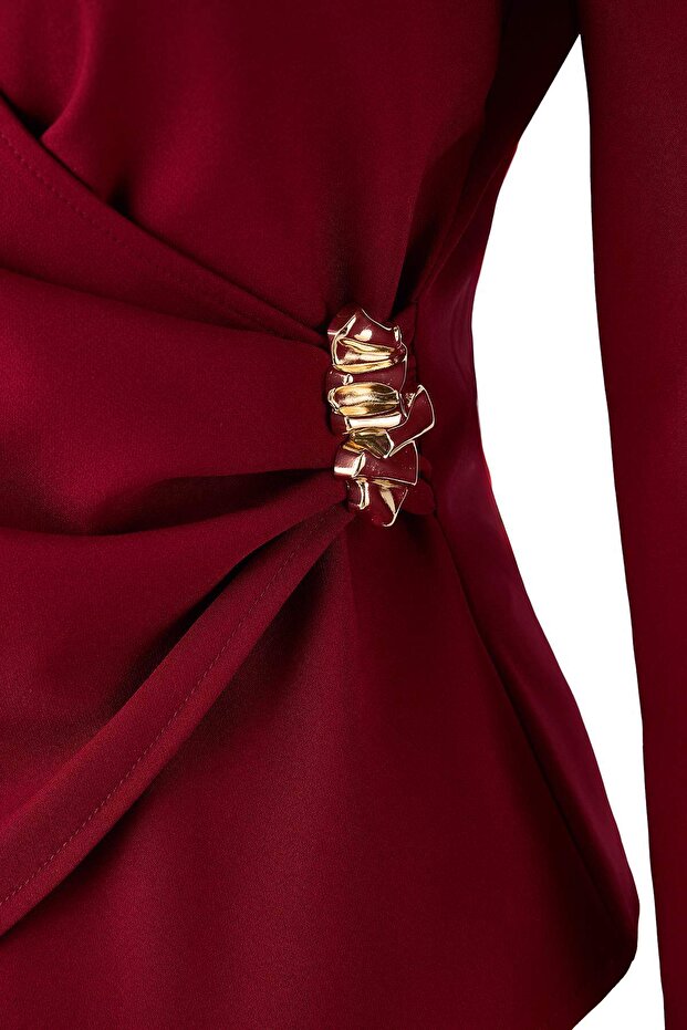 Bordo Kruvaze Toka Detaylı Dokuma Bluz TWOAW26BZ00142 - 6