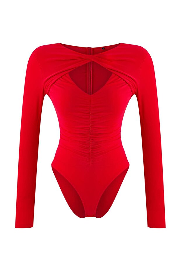 Kırmızı Cut Out/Pencere Detaylı Örme Body TPRAW24BD00000 - 5