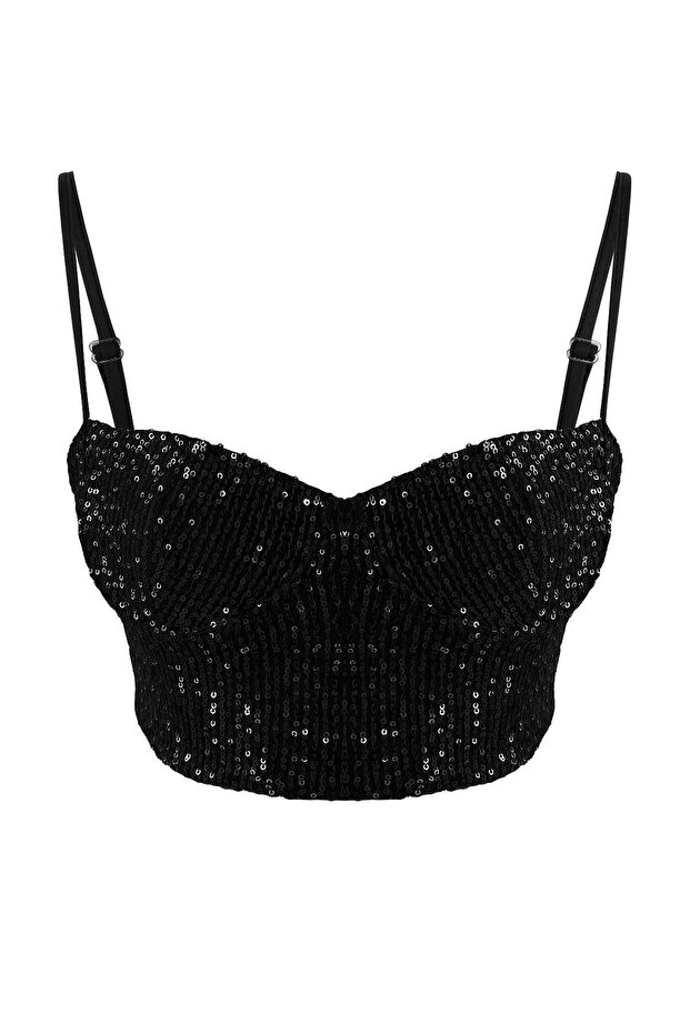 Siyah Payet Vücudu Saran Crop Party Bluz TPRSS26BZ00014 - 2