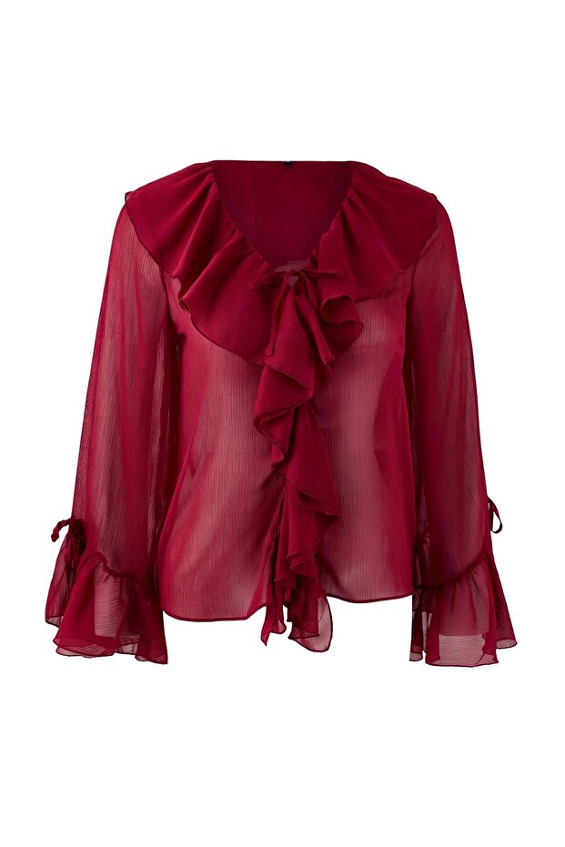 Bordo Fırfır Detaylı Transparan Şifon Dokuma Bluz TWOSS26BZ00084 - 5
