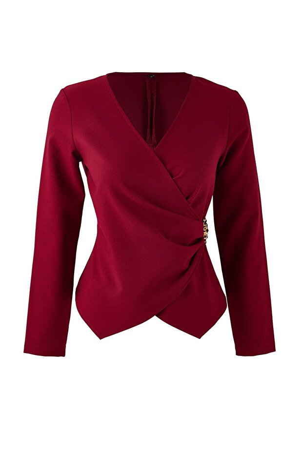 Bordo Kruvaze Toka Detaylı Dokuma Bluz TWOAW26BZ00142 - 5