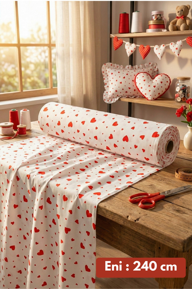 Morlay %100 Pamuk Kırmızı Kalpli Poplin Kumaş En: 240 cm Nevresim, Çarşaf, Yastık Kılıfı, Elbise ve Çanta