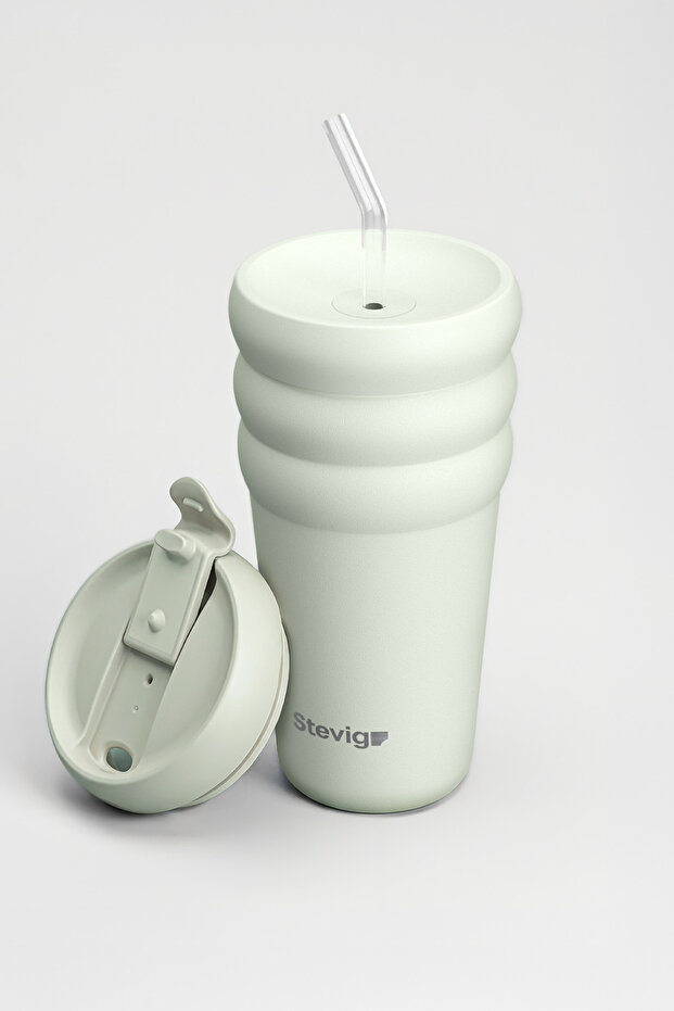 3 Bubble Two-Cap Straw Tumbler Steel Thermos 600 ml Lightest Sky St-247