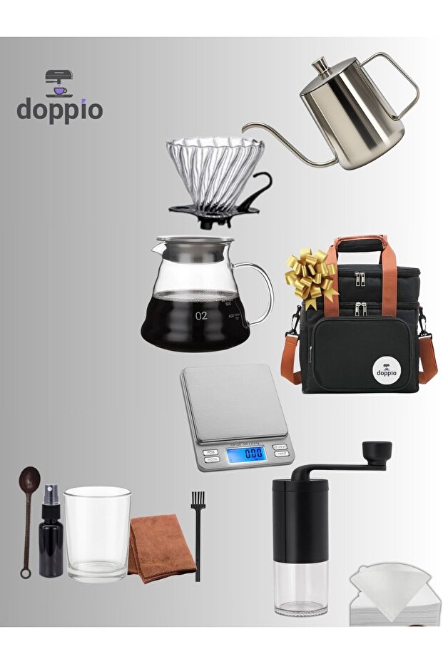 مجموعة V60 المكونة من 12 قطعة من الملحقات الفاخرة مع غلاية، مطحنة، أداة تقطير، ميزان، وعاء تقديم، إلخ.