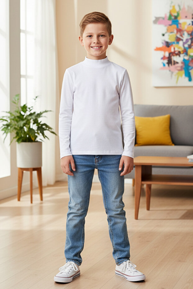 Boys Girls Unisex Children White Color Transitional Half Turtleneck Long Sleeve Badi T-Shirt