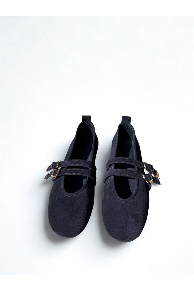 Genuine Leather Women's Navy Blue Suede Mary Jane Ballet Flats - Handmade Daily Comfortable Shoes