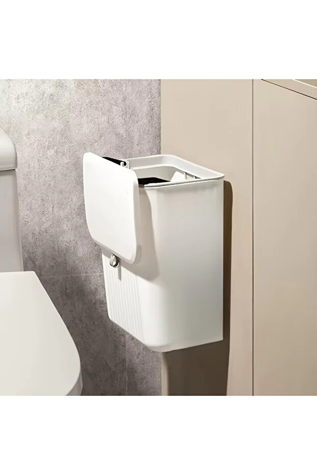 سلة مهملات بيضاء تُعلق على الحائط للمطبخ، مصنوعة من بلاستيك متين، متعددة الوظائف، موفرة للمساحة - 3