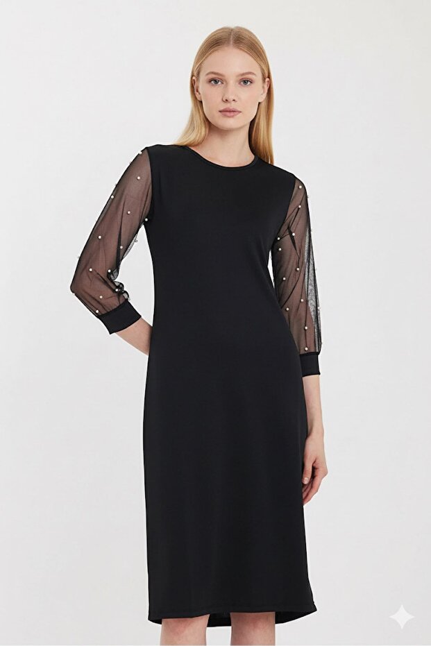 Women's Plain Black Sleeves Tulle Pearls Elegant Midi Dress 10D-1098