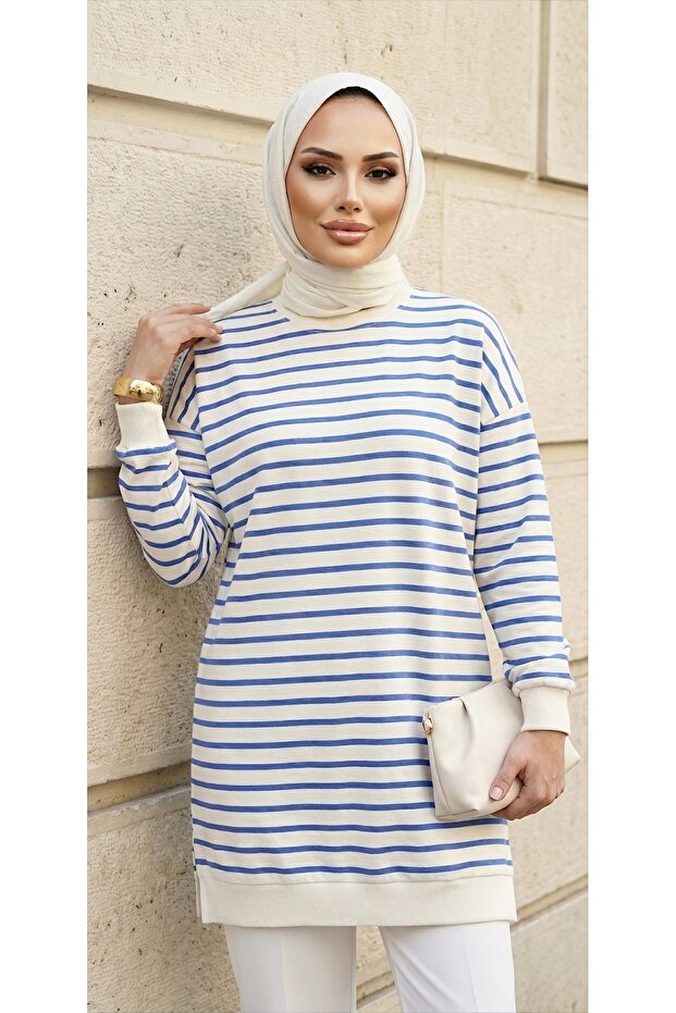 Two Thread Hijab Tunic Striped Sweatshirt - 3