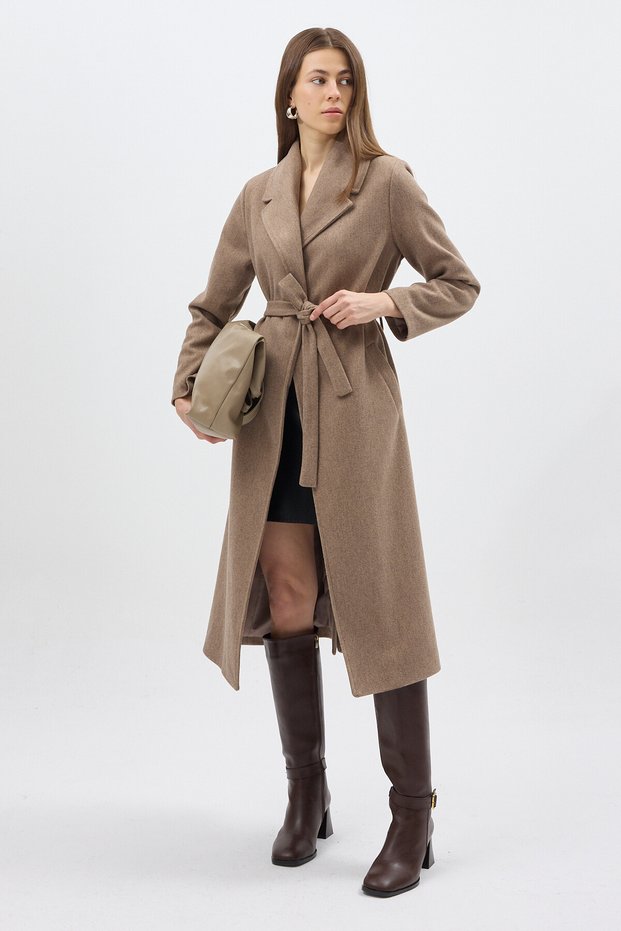 7242A Waist-Tied Long Lined Coat Camel