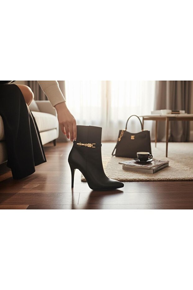 Thin Heel Pointed Toe Gold Buckle Women's Boots