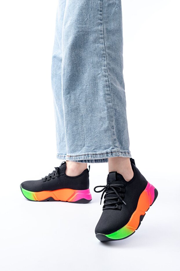 Zri̇n-400 premium black lace-up knitwear thick sole women's sneaker 5 cm