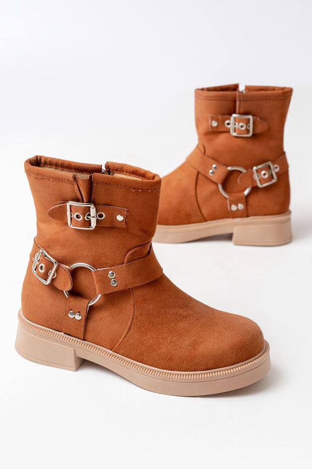 Zri̇n-2013 Tan Suede Daily Women's Boots with Buckle Accessories and Zipper