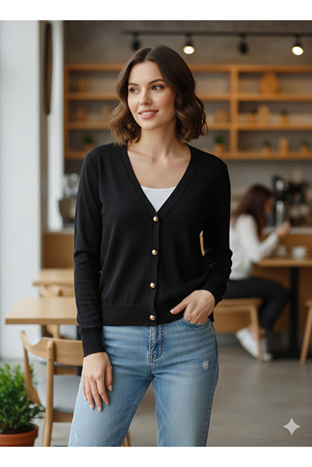 كارديجان محبوك ناعم بتفصيل زر وياقة على شكل V