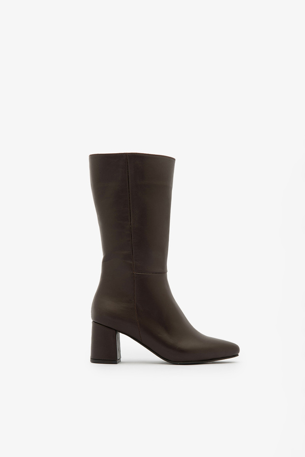 Brown Genuine Leather Side Zipper Heeled Short Women's Boots