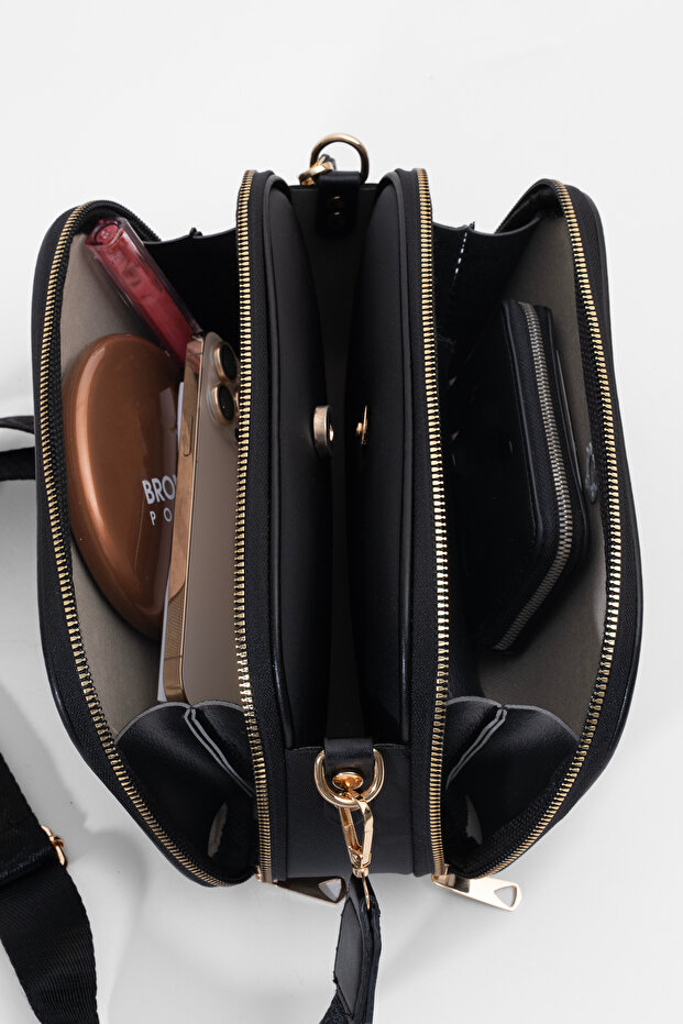 Dámska čierna 3-priestorová saténová kožená denná taška cez rameno s nastaviteľným stĺpikovým popruhom - 5