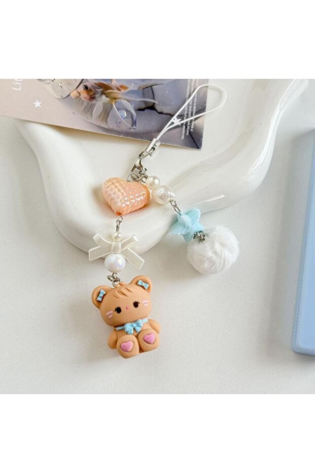 A2 1Pc Cute Rabbit Kitten Bear Pendant Key Chain Fluffy Ball DYM Bead Mobile Phone Chain Anti-Lost L