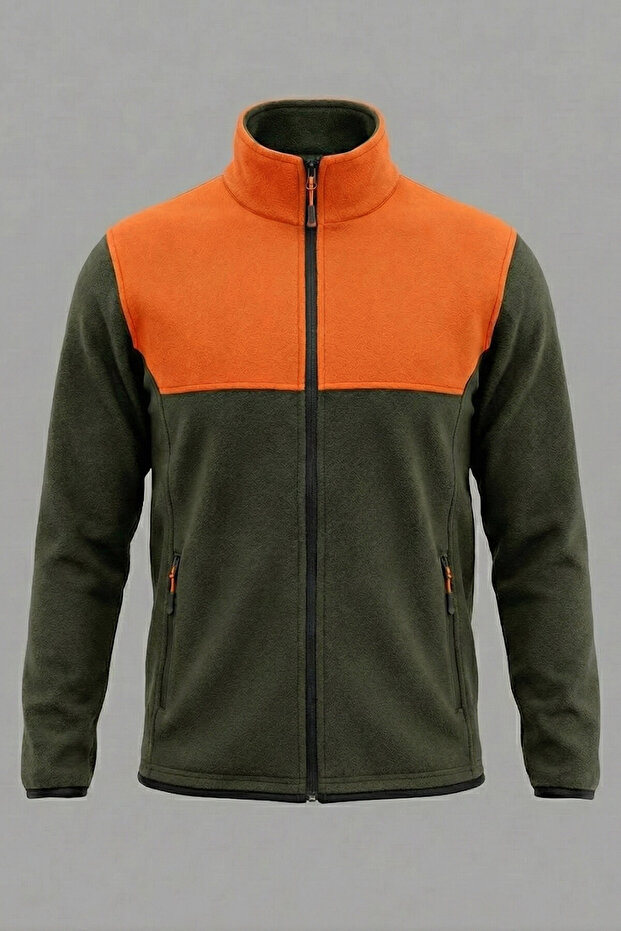 No Pilling Unisex Regular Fit Double Color Full Zip Stand Collar Orange Khaki Fleece Sweatshirt