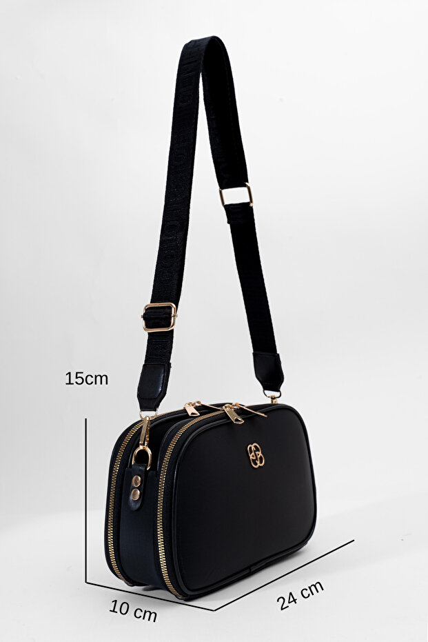 Dámska čierna 3-priestorová saténová kožená denná taška cez rameno s nastaviteľným stĺpikovým popruhom - 3