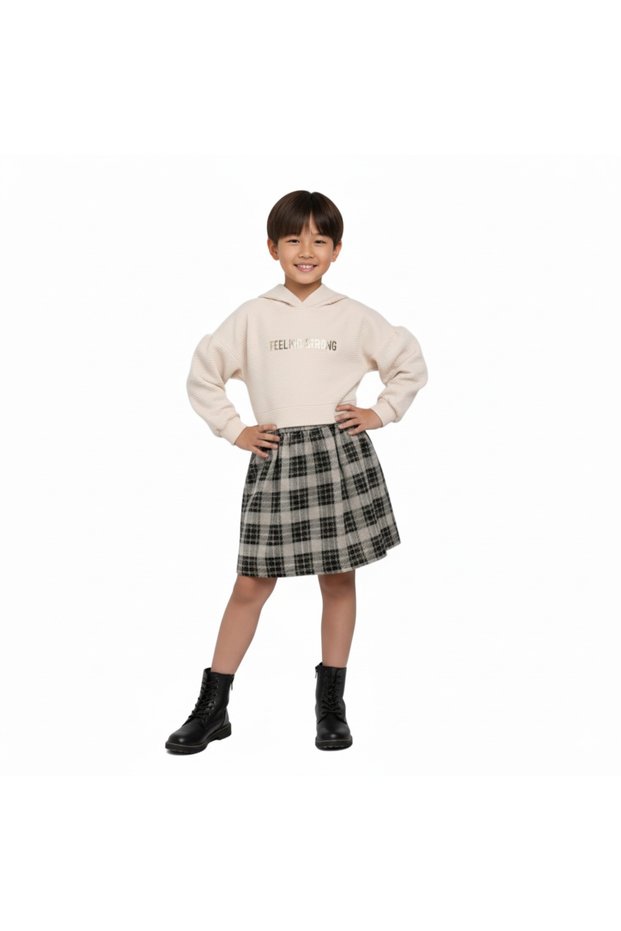 Girl's Hooded Sweat Shirt Beige Dress with Plaid Skirt