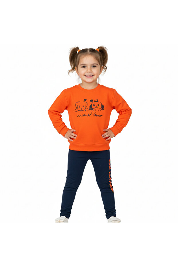 Girl's Printed Sweatshirt Leggings Two-Piece Set – Black Orange | Transitional and Winter Comfortable Set