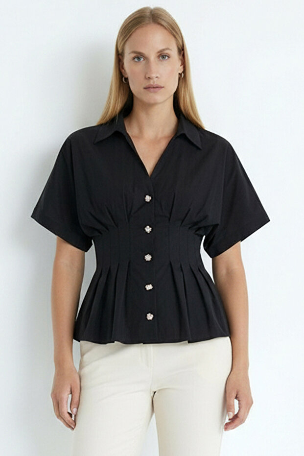 Low Sleeve Waist Fitted Pleated Poplin Shirt