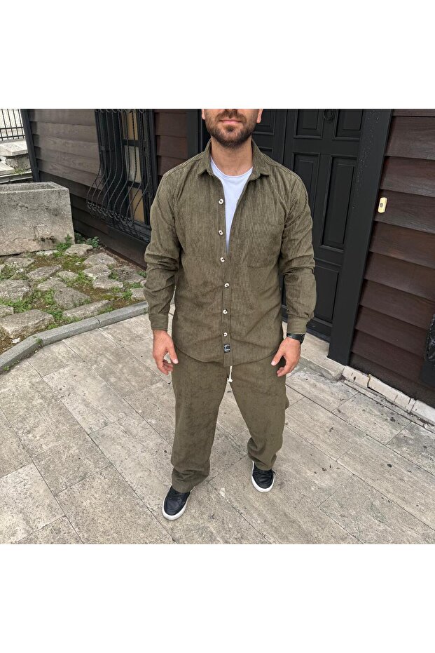 Men's Khaki Corded Fabric Velvet Fabric Shirt Pants Double Suit