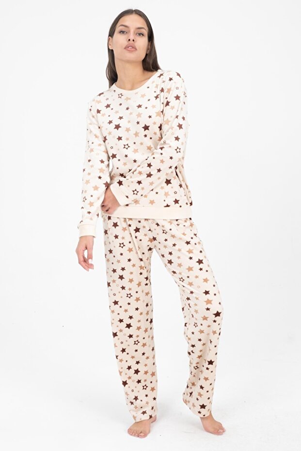 Women's Cream Star Patterned Super Soft Winter Christmas Pajamas Set New Year Christmas
