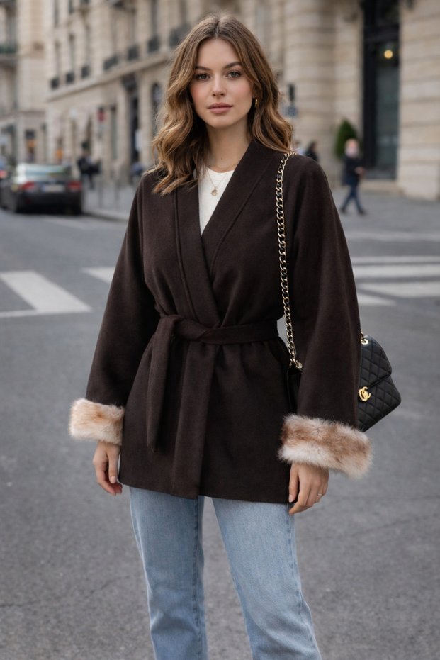 Women's Bitter Brown Sleeve Fur Detailed Belted Slim Cashmere Jacket - Brown