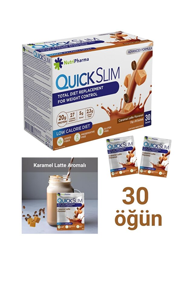 Quick Slim Öğün Yerine Geçen Shake - 30 Saşe Öğün Tozu - Karamel Latte Aromalı - Protein Shakes - 1