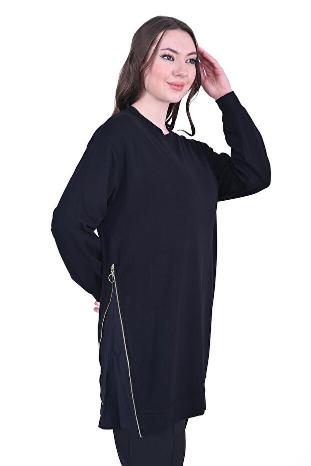Side Zipper Cotton Tunic Black