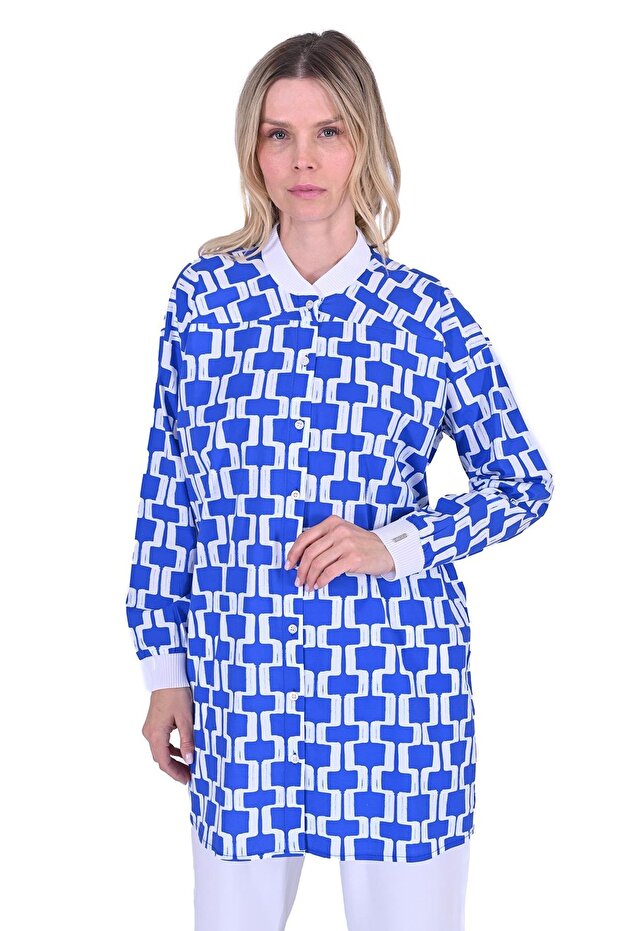 Knitwear Collar Sleeve Ribbed Shirt Sax