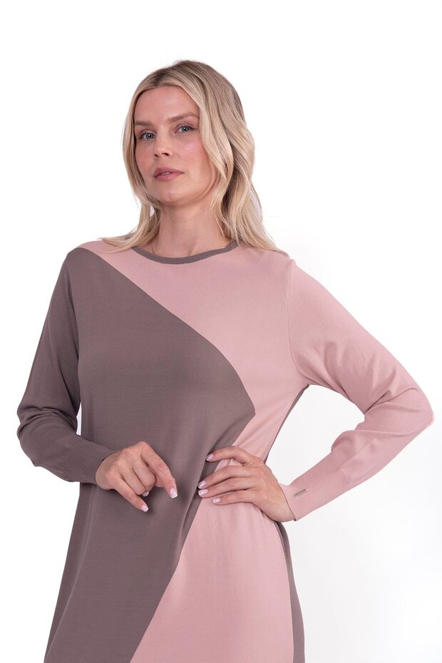 Gometrik Triko Elbise VİZON - 2