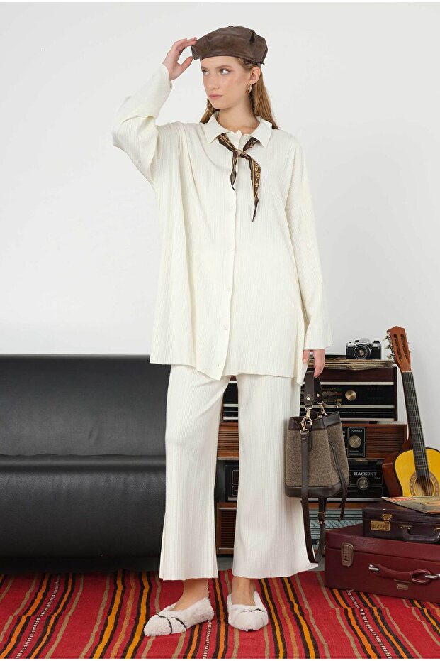 Fitilli Triko Pantolon Ekru - 6