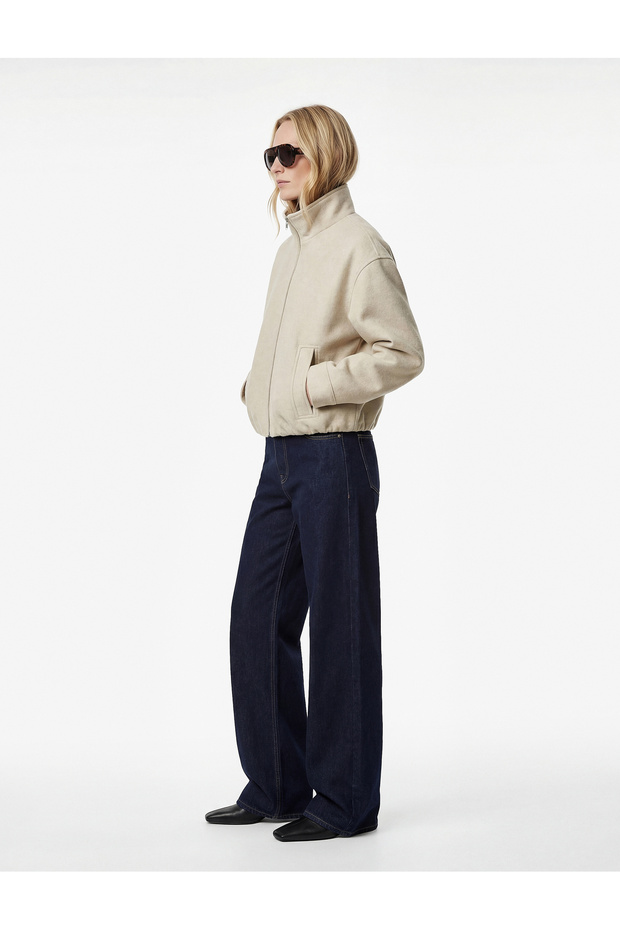 Short Coat Cashmere Long Sleeve Mock Neck Pockets