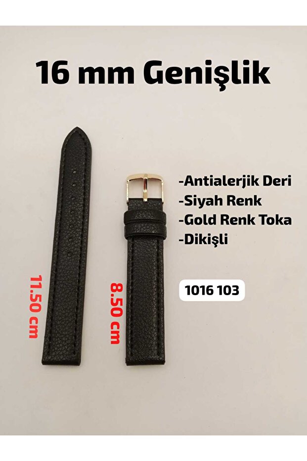 16 mm Compatible Watch Strap - Black Color Stitched Model Gold Color Buckle
