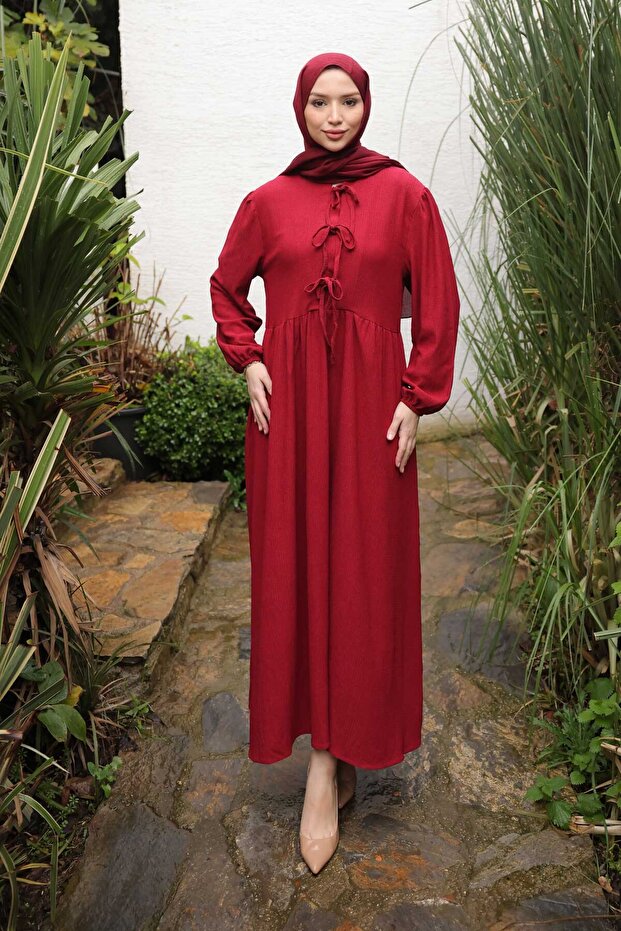 Burgundy Sleeve Elastic Collar Tie Wrap Dress
