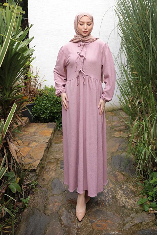 Dusty Rose Sleeve Elastic Collar Tie Wrap Dress