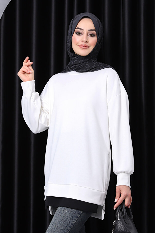 Ecru Crew Neck Side Zipper Tunic